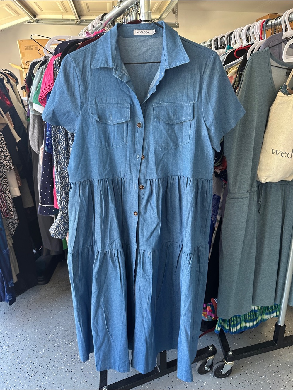MISSLOOK Blue Denim Tiered Shirt Midi Dress